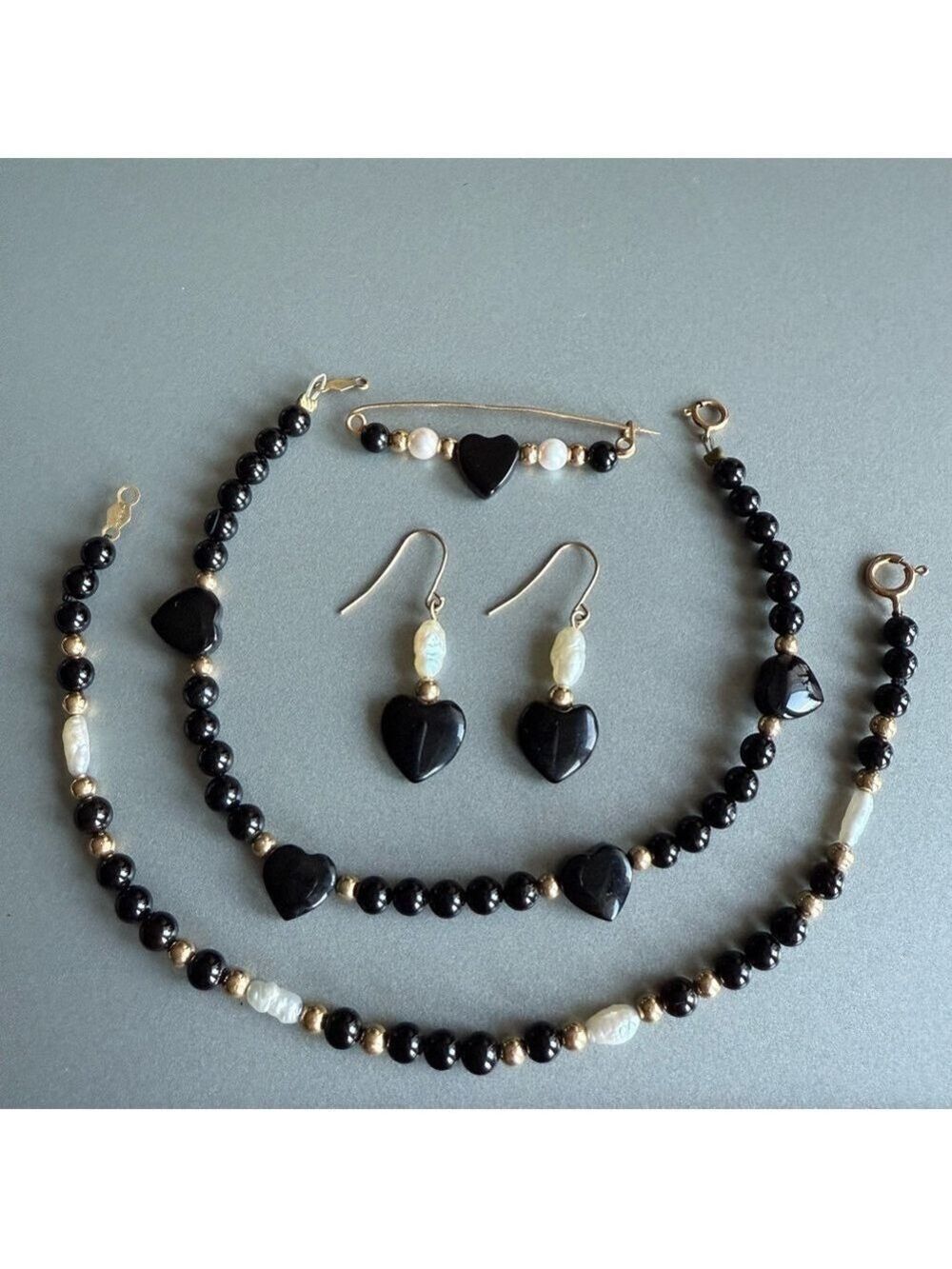Vintage 14k Gold Onyx, Freshwater Pearl Beaded Bracelets Earrings Pin Br…